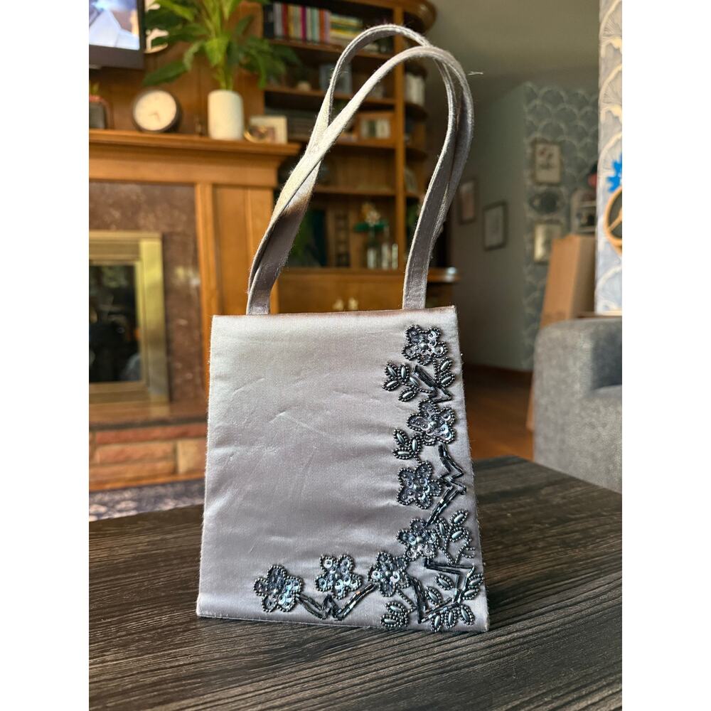 6/$25 Vintage Sasha New York Dark Grey Satin & Beaded EveningTop Handle Bag